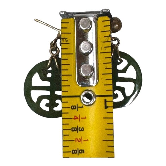 Vintage Imperial Green Jade Round Dangle Earrings Gold Tone Untested Estate Find - Picture 4 of 5